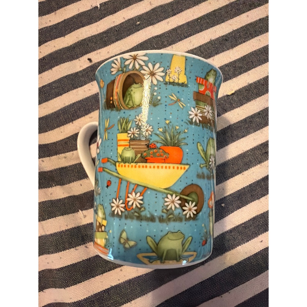 Debbie Mumm Frog Garden Wheelbarrow Blue Ceramic Coffee Mug Tea Cup 4 Inch